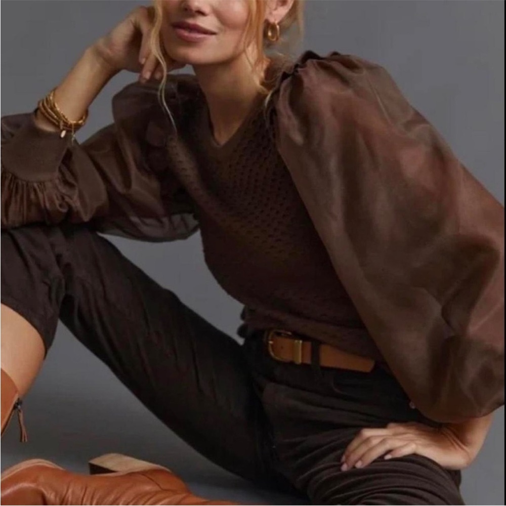 NWOT Anthropologie brown knit sweater with puff sleeves